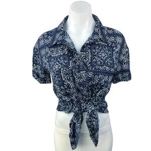 Daisy Street Blue Bandana Scarf Paisley Button Up Short Sleeve Shirt Top Sz 6